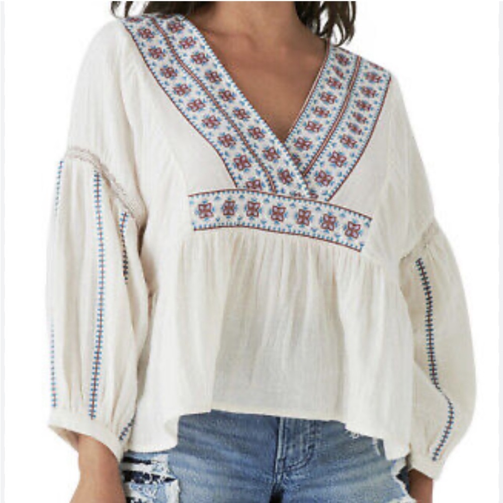 Lucky Brand embroidered v neck lantern sleeve peplum hippie blouse SZ small‎